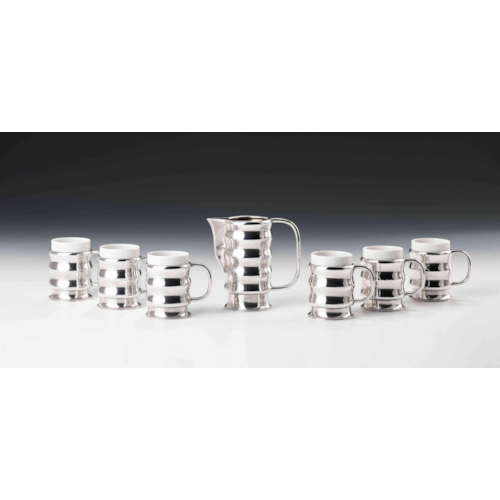 SILVER MILK JUG WITH SIX CUPS